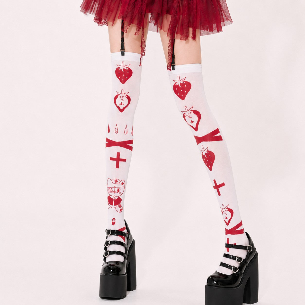Crimson strawberry graphic detail on strawberry kitty nurse Yami Kawaii stockings