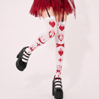 White strawberry kitty nurse darling thigh high stockings, Yami Kawaii style