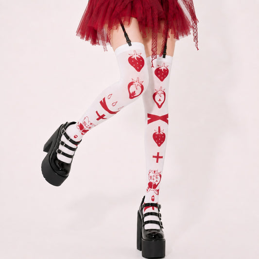 White strawberry kitty nurse darling thigh high stockings, Yami Kawaii style