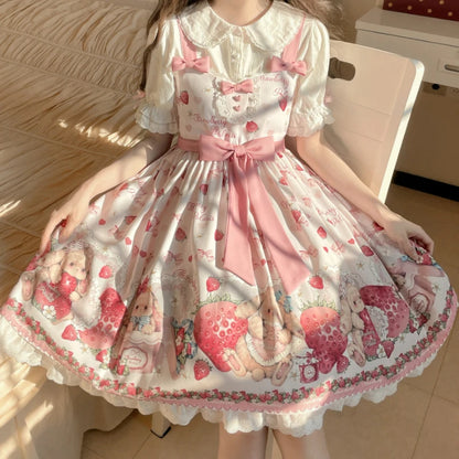Strawberry print lolita dress with Bunnycore style, soft breathable fabric, and flattering silhouette