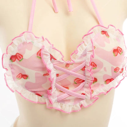 Strawberry Milkshake Maid Set kawaii cutie cosplay outfit with heart top, apron, thong, and adorable stockings perfect for DDLG ABDL