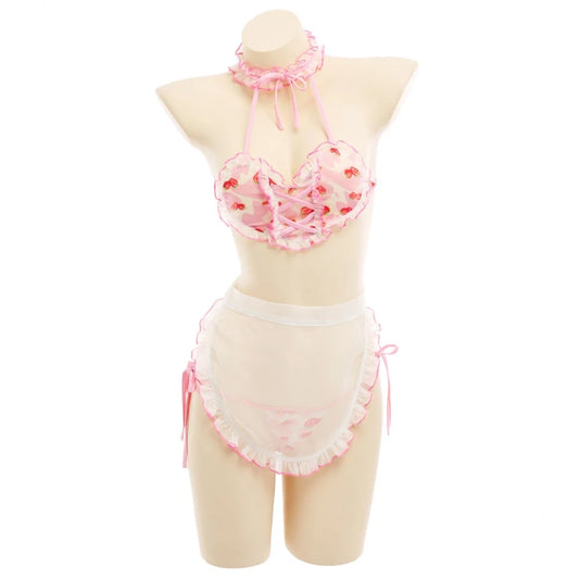 Strawberry Milkshake Maid Set kawaii cosplay outfit for DDLG ABDL roleplay with heart cutout top and cute stockings