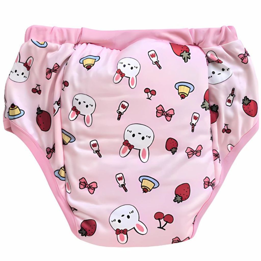 Pink waterproof PUL diaper cover with playful bunny and cake illustrations, cozy and cute for DDLG or littlespace use