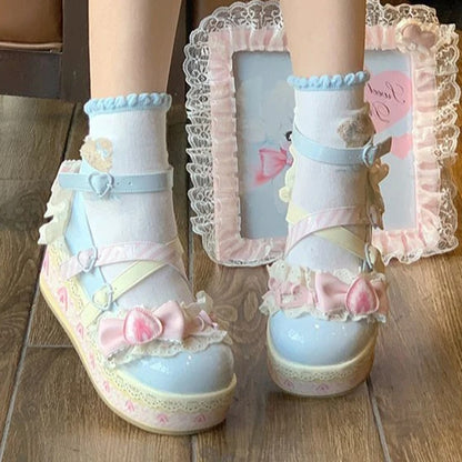 Strawberry Sugar Whip Platforms with pastel colors, heart buckles, lace trims, perfect for kawaii, cutecore, dollcore, DDLG, and fairycore fashion