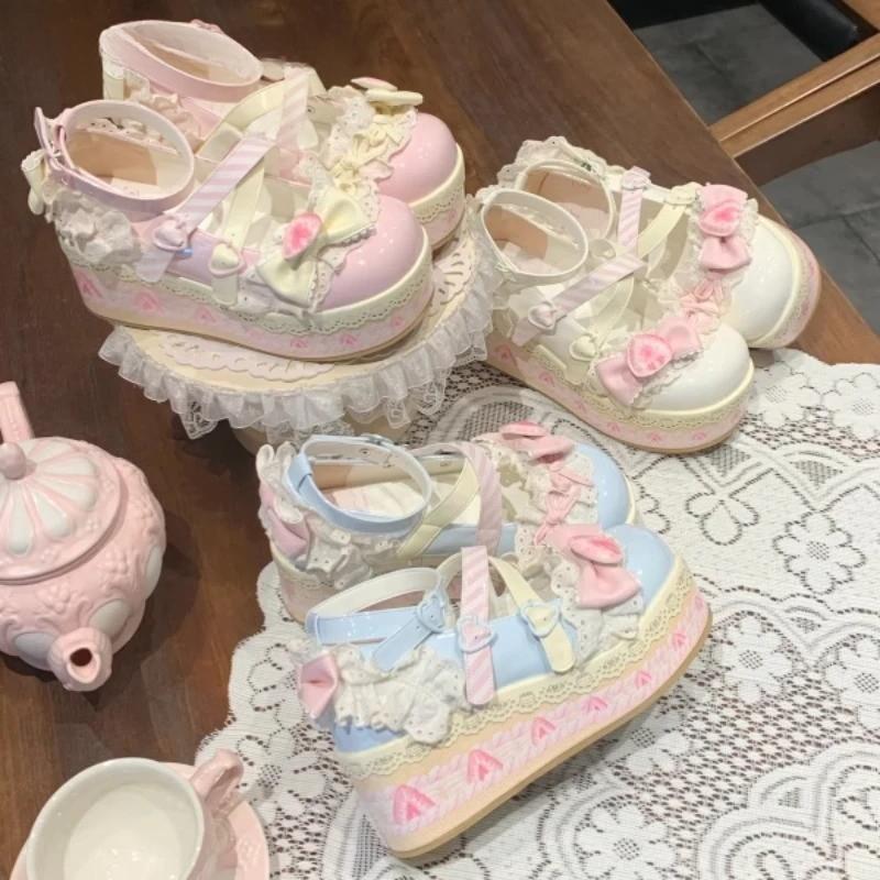 Strawberry Sugar Whip Platforms in pastel pink with heart-shaped buckles, lace trims, strawberry patterns, perfect for DDLG, ABDL, kawaii, pastelcore, fairycore, and baddie outfits