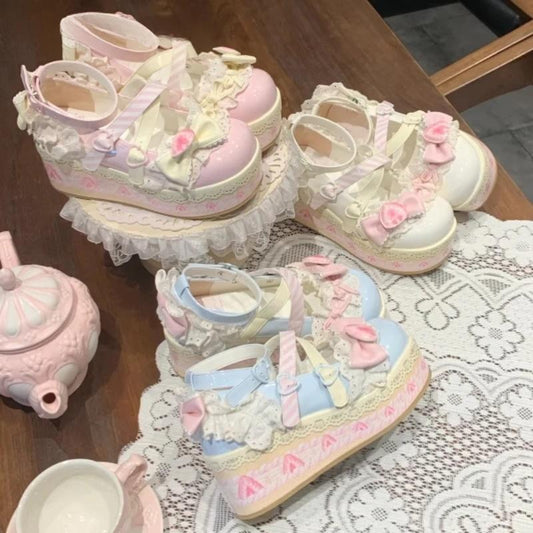 Strawberry Sugar Whip Platforms in pastel pink with heart-shaped buckles, lace trims, strawberry patterns, perfect for DDLG, ABDL, kawaii, pastelcore, fairycore, and baddie outfits