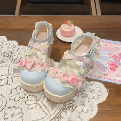 Fairycore pastel platform shoes with strawberry details, heart accents, and lace, perfect for DDLG and pastelcore outfits