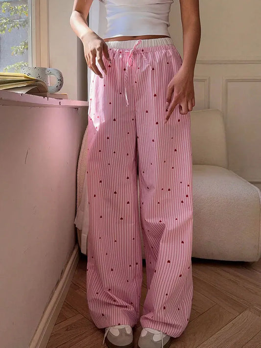 Striped pink lace pants with heart lace-up sides, slim fit for kawaii and DDLG soft girl style