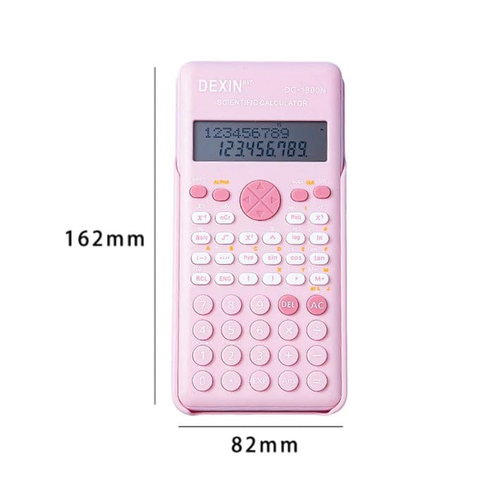 Compact pink scientific calculator with 240 math functions, clear dual display, and durable anti-collision cover.