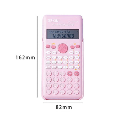 Compact pink scientific calculator with 240 math functions, clear dual display, and durable anti-collision cover.