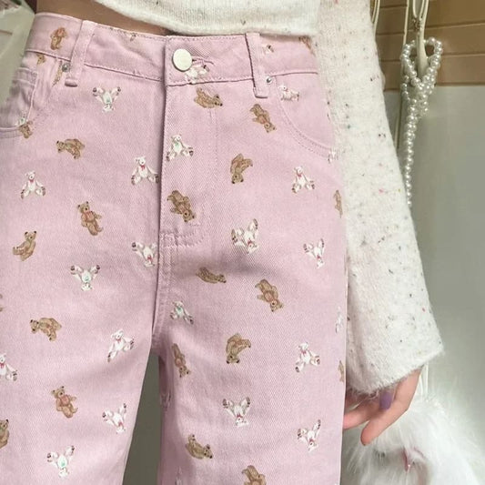 Sugar Bear Dollcore Denim Pants in pastel pink with teddy print, perfect for kawaii and DDLG outfits