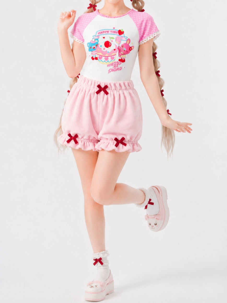 Light pink sugar cloud puff Lolita bloomers with dark red ribbons