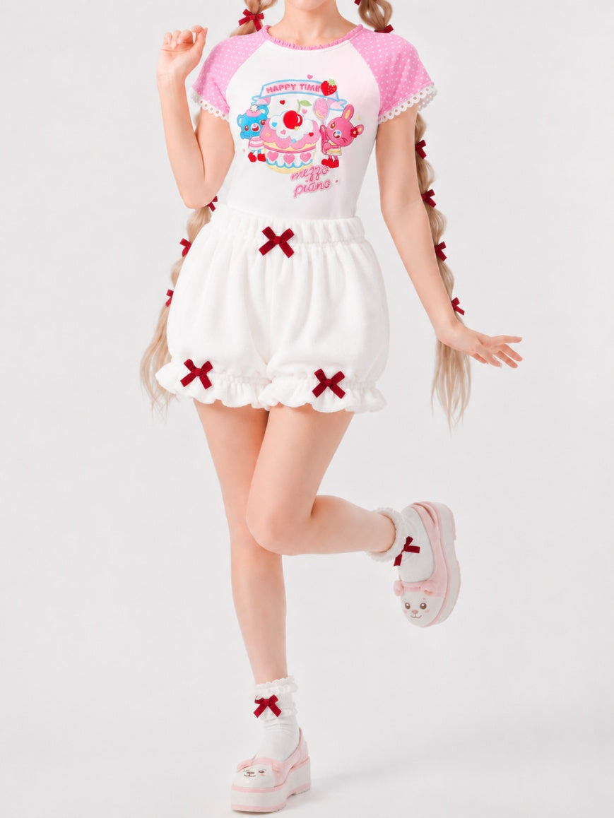 White sugar cloud puff Lolita bloomers with dark red ribbons, sweet lolita style