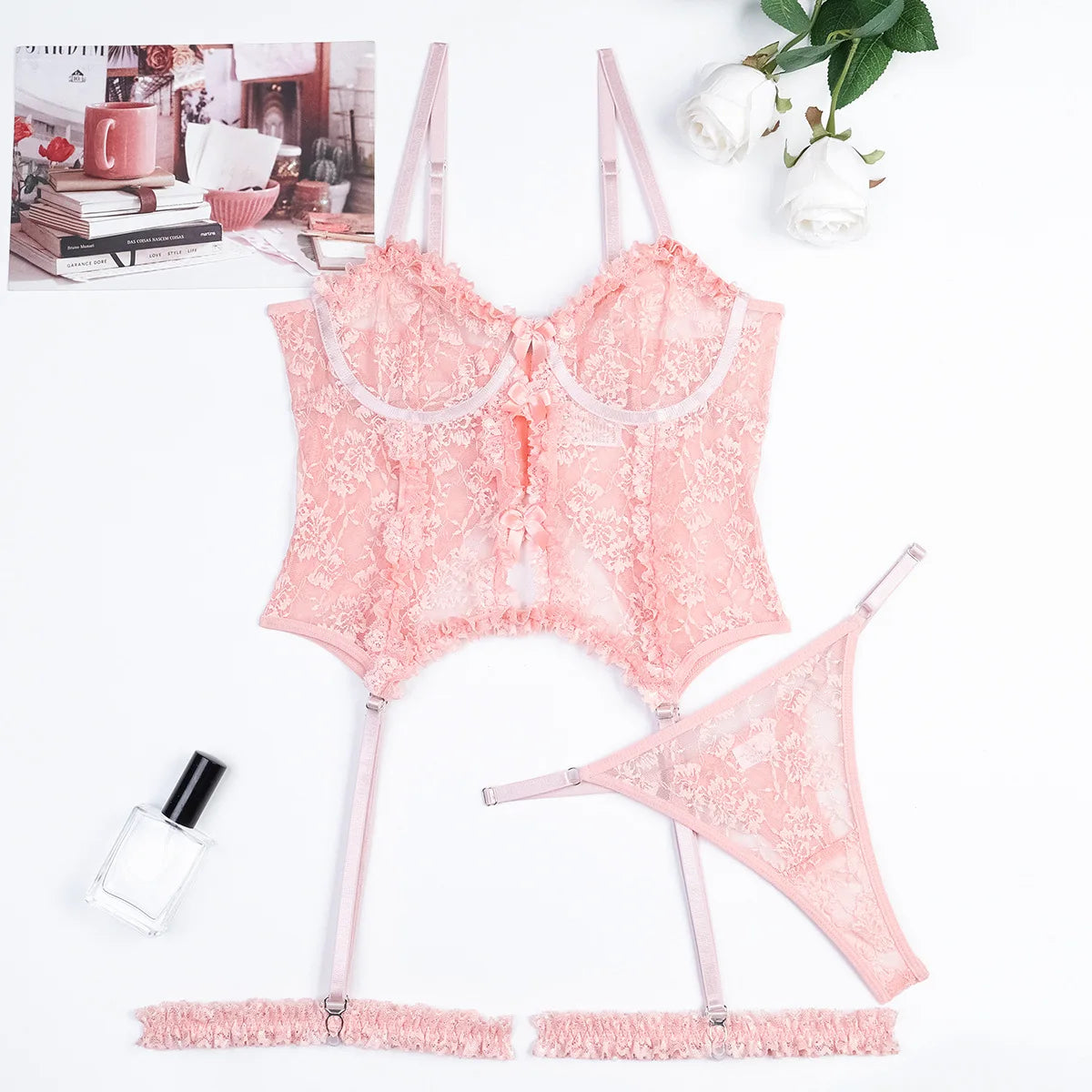 pastel pink Sugar Cream Doll lingerie with bra, thong, and garters, perfect for ABDL play