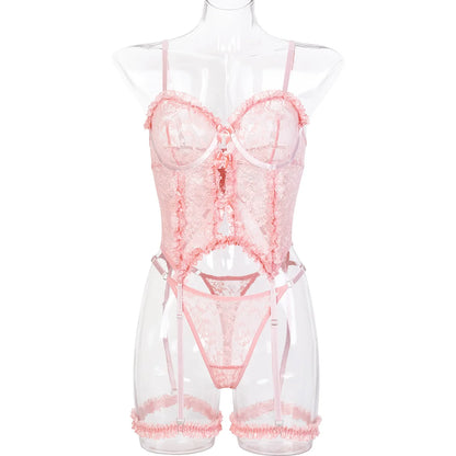 pastel pink Sugar Cream Doll lingerie garters detail with playful, sweet doll energy