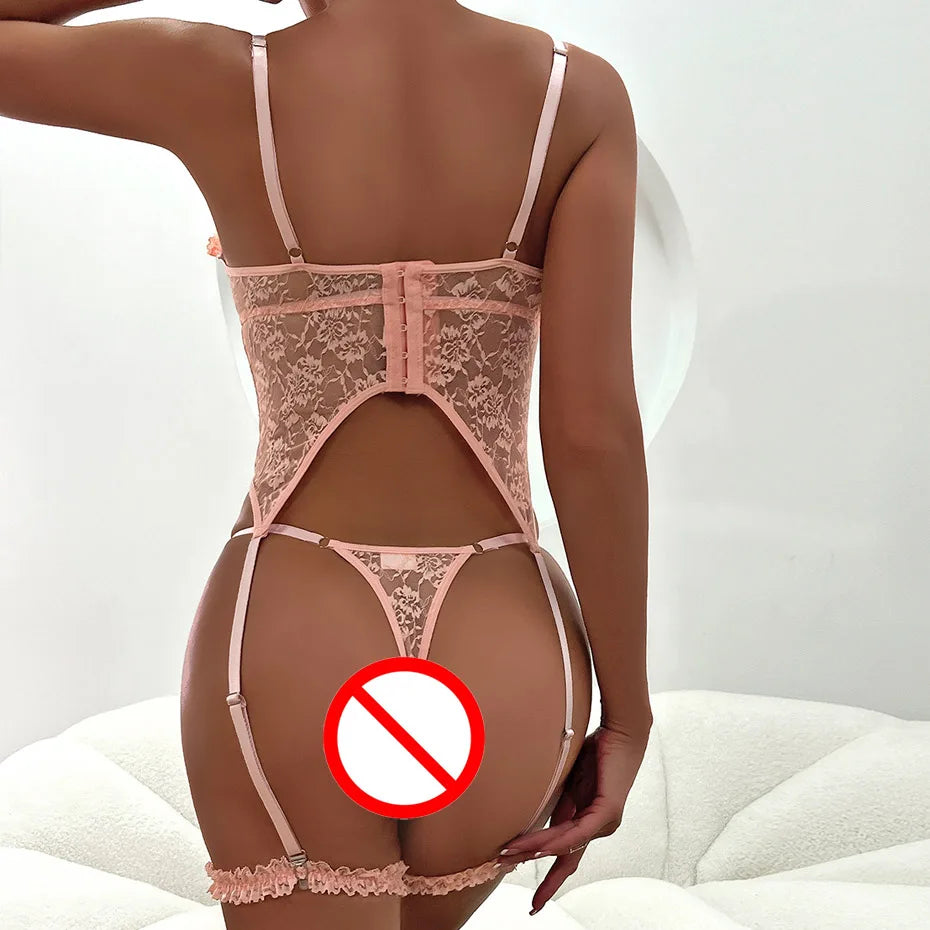back view pastel pink Sugar Cream Doll lingerie, breathable mesh and delicate lace details