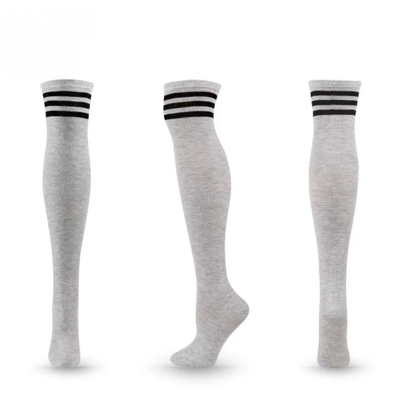 Edgy gray and black striped thigh-high stockings for pastel baddie and cutecore outfits