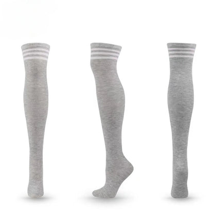 Light gray and white striped thigh-high stockings for trendy cute baddie outfits