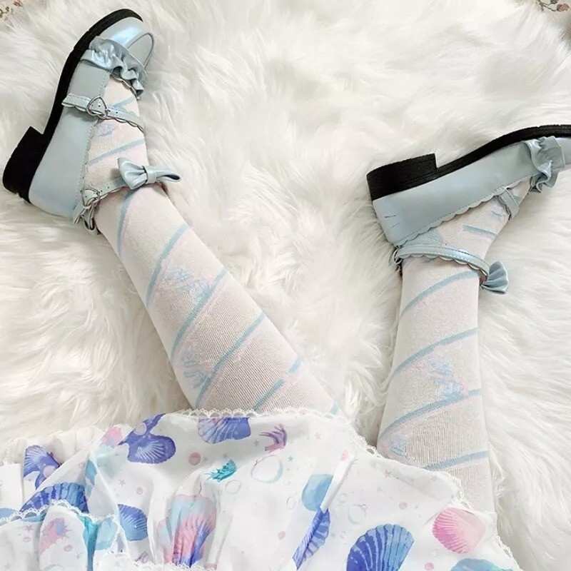 Pink and blue sugar lace candy stripe stockings with ribbons, hearts, and playful kawaii vibes