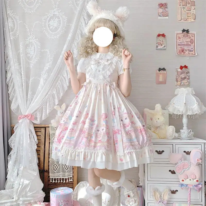 Sugar Rush Kitten Lolita Dress perfect for kawaii daydreaming with pastel treats and ruffled sleeves