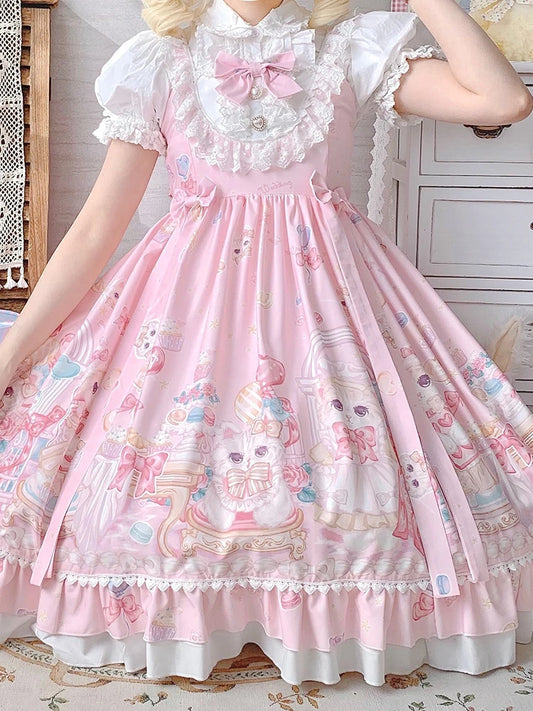 Sugar Rush Kitten Lolita Dress pink puff sleeve with A-line silhouette and pastel kitten print