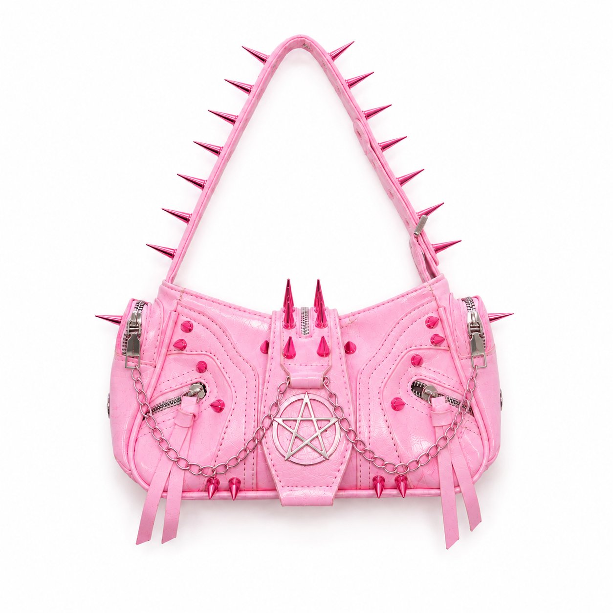 Sugar Spike Kawaii Shoulder Bag in baby pink with cone spikes and pentagram emblem, front view