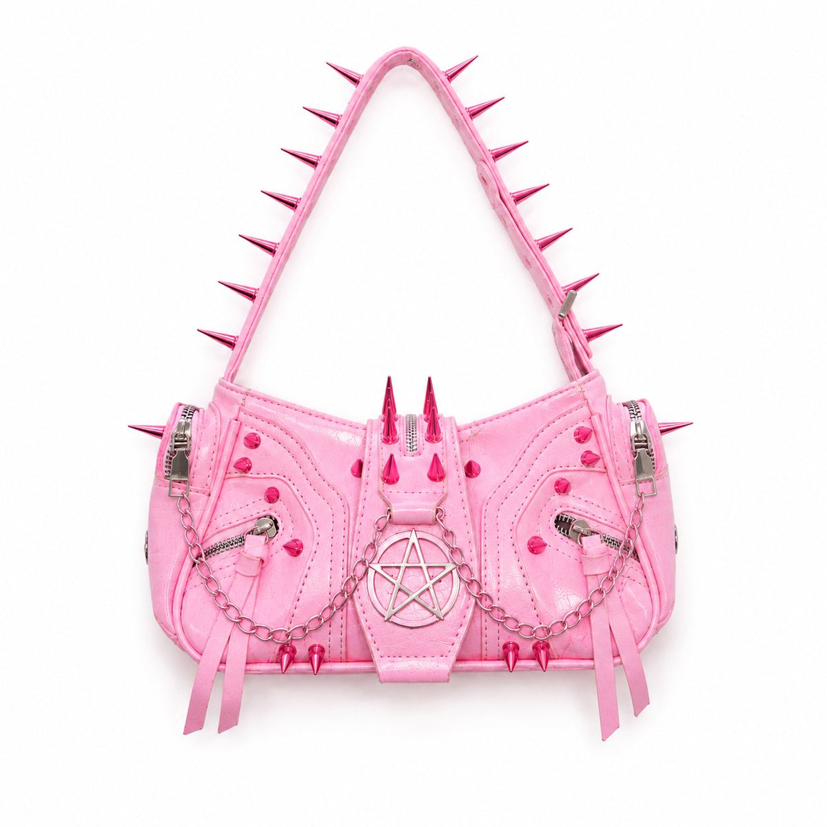 Sugar Spike Kawaii Shoulder Bag in baby pink with cone spikes and pentagram emblem, front view