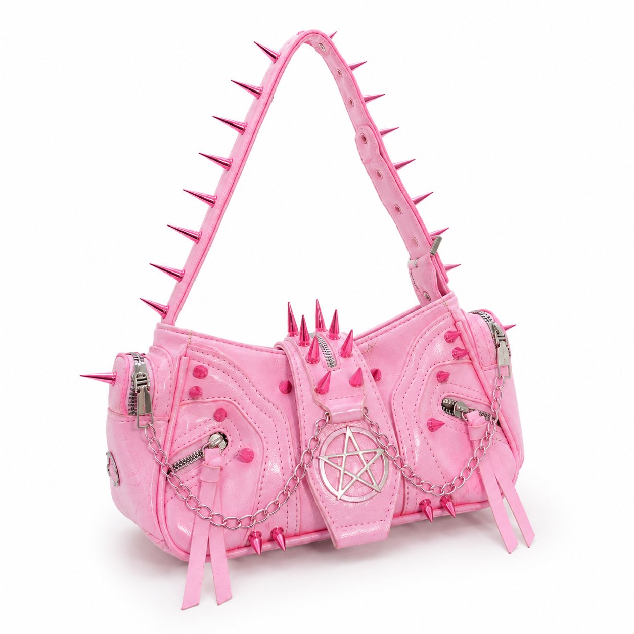 Side angle view of structured pink kawaii shoulder bag with chain strap and spikes