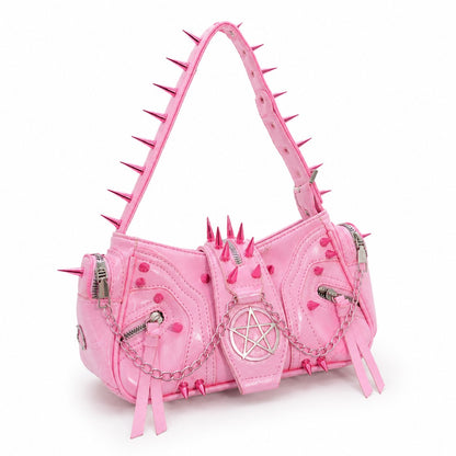 Side angle view of structured pink kawaii shoulder bag with chain strap and spikes
