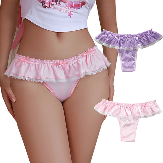 Sugarplum Fairy Satin Ruffle Duo in pastel pink and purple, kawaii cutecore outfit for dollcore and DDLG play