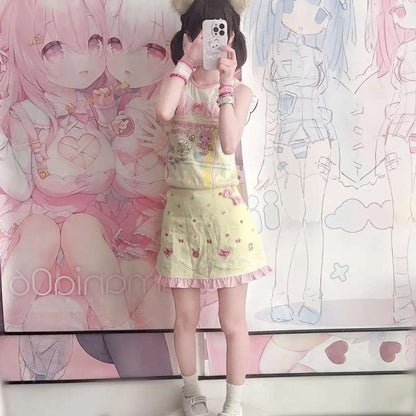 Kawaii pastel skirt with yellow ribbons, animal tails, and smiley face details
