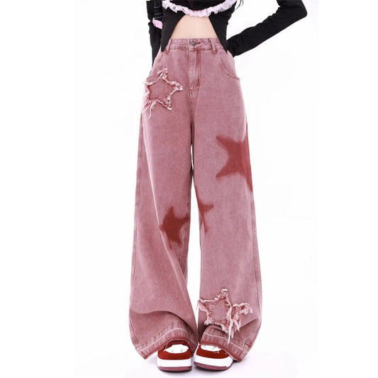 Supernova pink glow jeans with star prints for kawaii ddlg baddie outfits