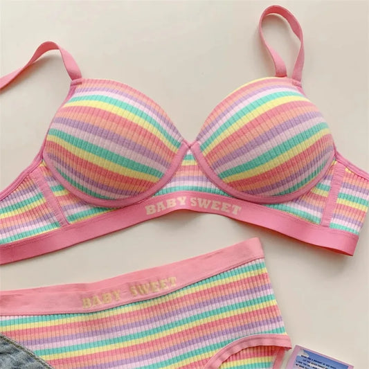 Sweet Baby Candy Colors lingerie set with pastel bra and panties, soft breathable fabric, perfect for DDLG and ABDL.