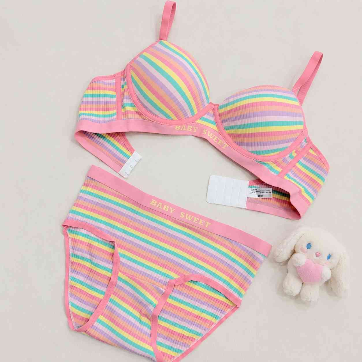 Sweet Baby Candy Colors lingerie set with pastel rainbow bra and panties for kawaii DDLG and cute little aesthetics