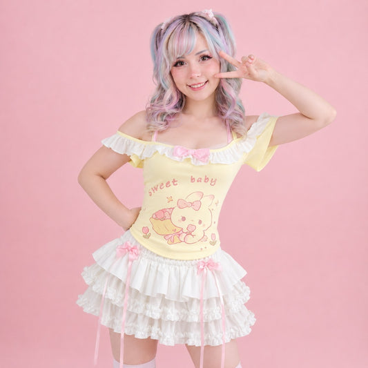 Sweet Baby Doll off shoulder top, DDLG kawaii frill top with bow