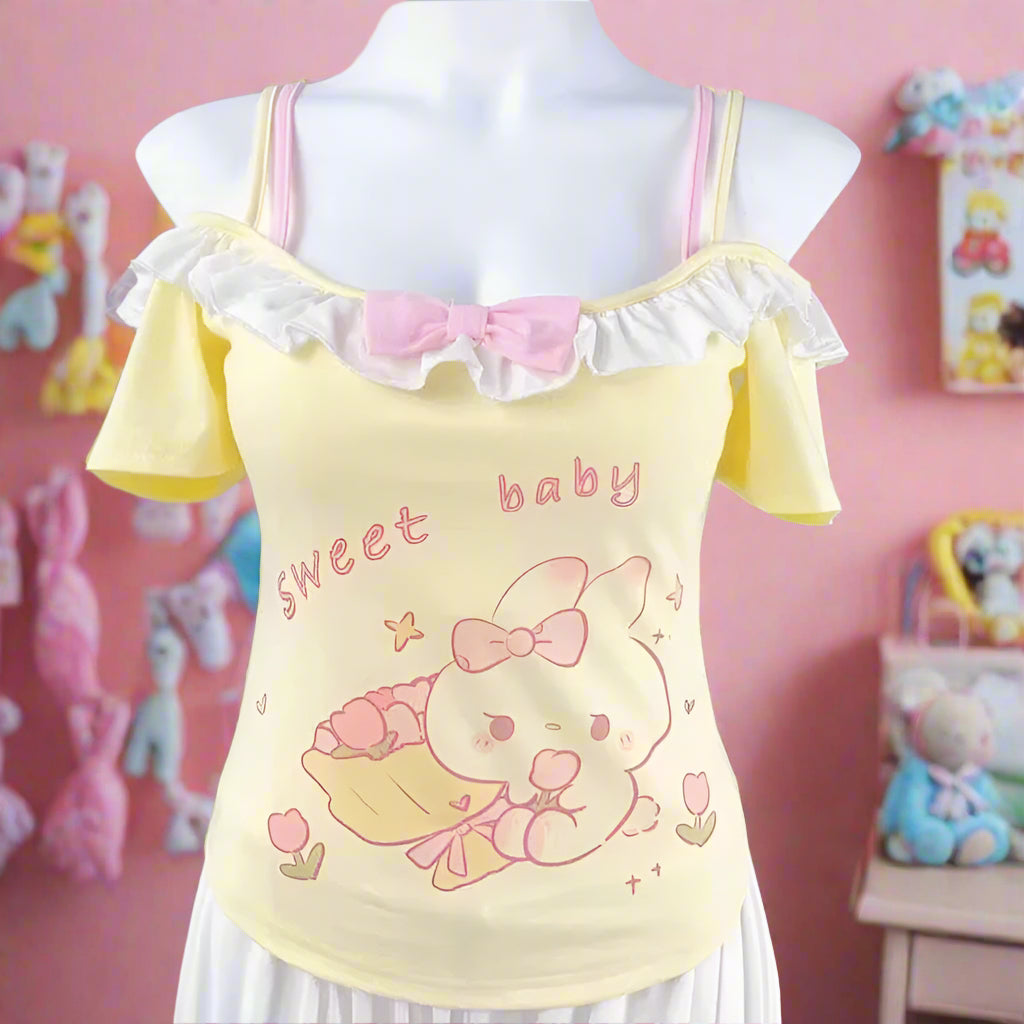 Sweet baby doll off shoulder top with bow and frilly trim in soft kawaii style