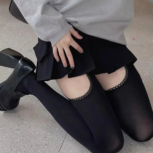 Bratty black cut-out thigh-high stockings with lace trim, perfect for DDLG play and kawaii baddie vibes.