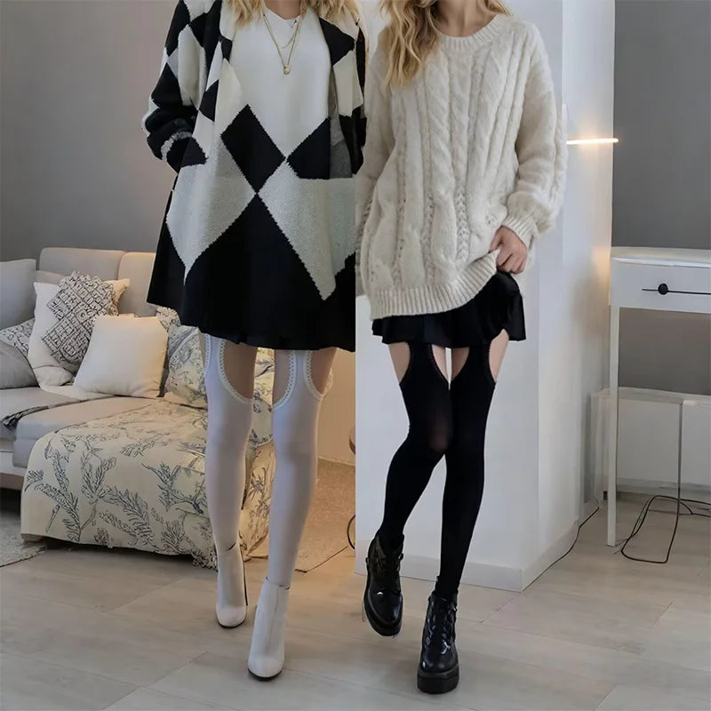 Combo pack of black and white cut-out thigh-high stockings with lace and ruffle trims, ideal for kawaii and ABDL styles.