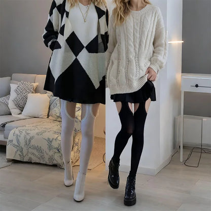 Combo pack of black and white cut-out thigh-high stockings with lace and ruffle trims, ideal for kawaii and ABDL styles.
