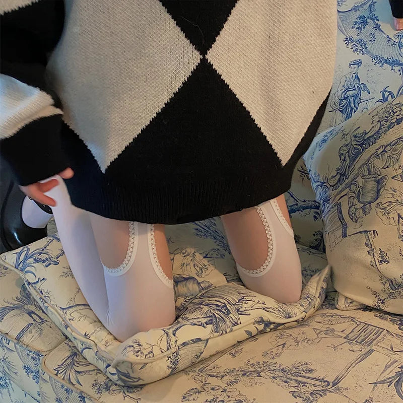 Angelic white thigh-high stockings with lace cut-outs, perfect for DDLG littles and soft kawaii looks.