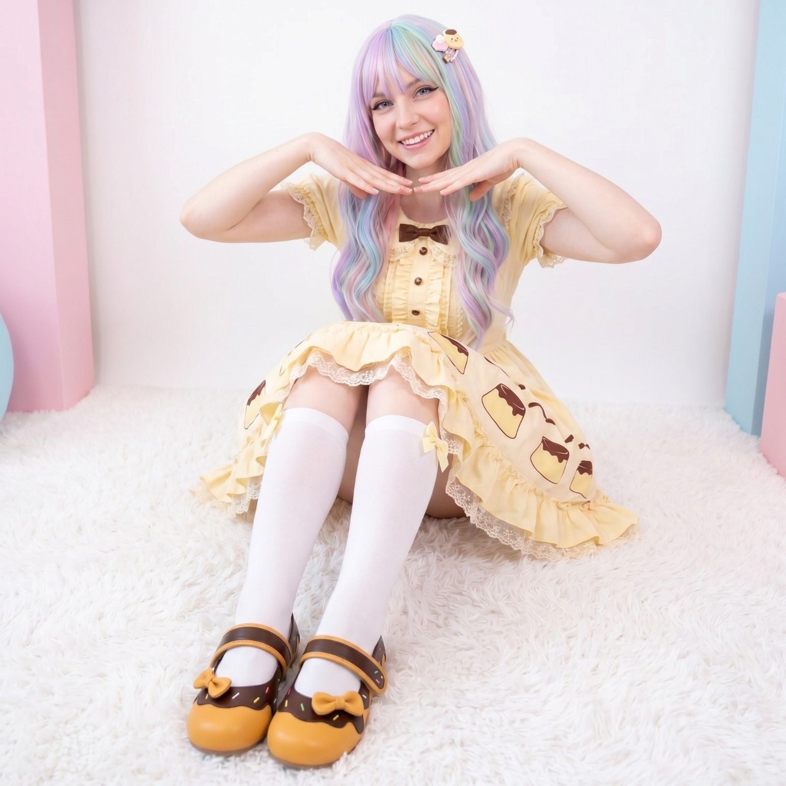 Chocolate Sweet Lolita Sprinkle Shoes, pastel kawaii flats with playful 3D bow and candy sprinkle design, ideal for pastelcore outfits.