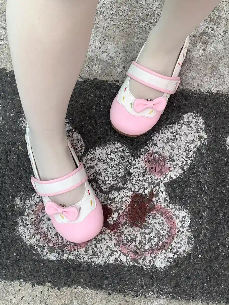 Close-up of pink sugar Sweet Lolita Sprinkle Shoes, kawaii pastel flats with candy-inspired 3D bow and sprinkle details, ideal for DDLG outfits.