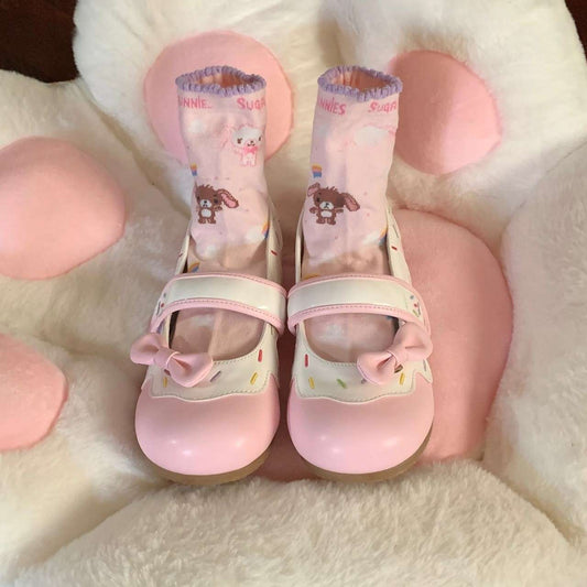 Sweet Lolita Sprinkle Shoes in pink sugar, pastel kawaii flats with 3D bow and sprinkle details, perfect for DDLG and soft girl fashion.