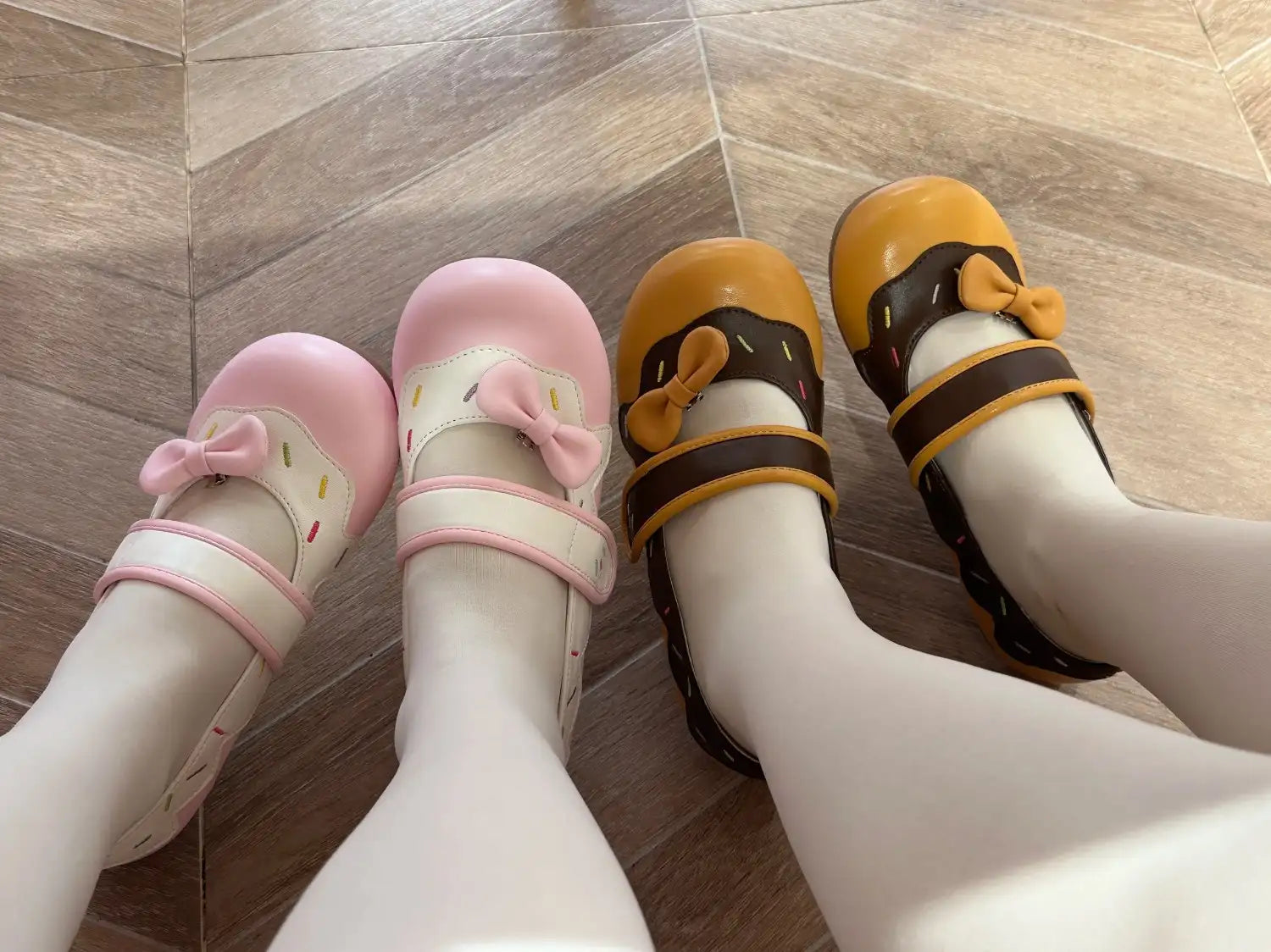 Pair of Sweet Lolita Sprinkle Shoes in pink and chocolate, kawaii-inspired flats with playful 3D bows and sprinkle decorations for pastelcore fashion.