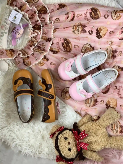 Sweet Lolita Sprinkle Shoes set in pink sugar and chocolate, pastel kawaii flats with 3D bows and sprinkle accents, perfect for soft girl and DDLG style.