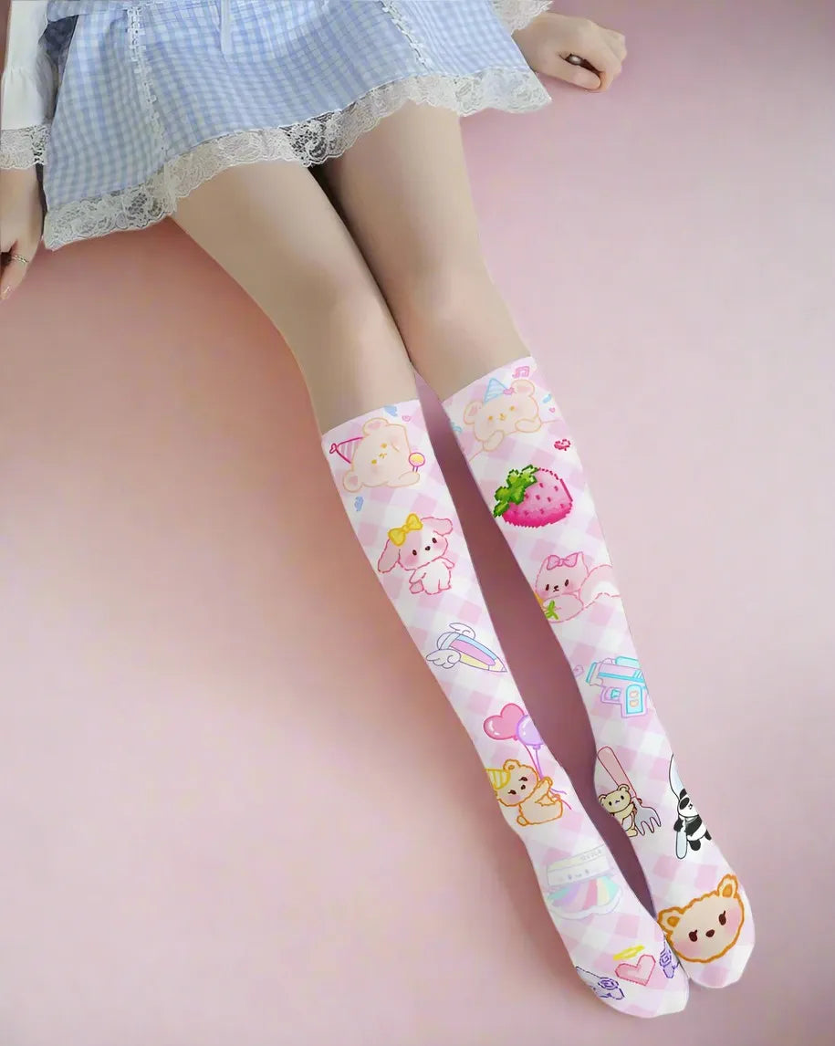 Sweet Pastel Adventure Stockings with kawaii bunny, ribbons, hearts, and paw prints under feet for cutecore/DDLG outfits