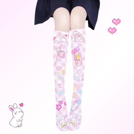 Sweet Pastel Adventure Stockings with kawaii bunnies, ribbons, and hearts for ABDL DDLG cutecore fashion