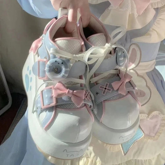 Sweet Paw Kitty Kawaii Sneakers baby blue with pink bow tie, pastel ddlg kawaii shoes for soft girl outfits