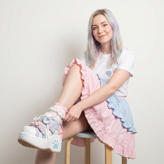 Sweet Paw Kitty Kawaii Sneakers baby blue with pink bow tie, pastel ddlg kawaii shoes for soft girl attire