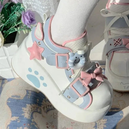 Sweet Paw Kitty Kawaii Sneakers light blue with kitty motif and bows, soft girl ddlg kawaii sneakers for pastel outfits